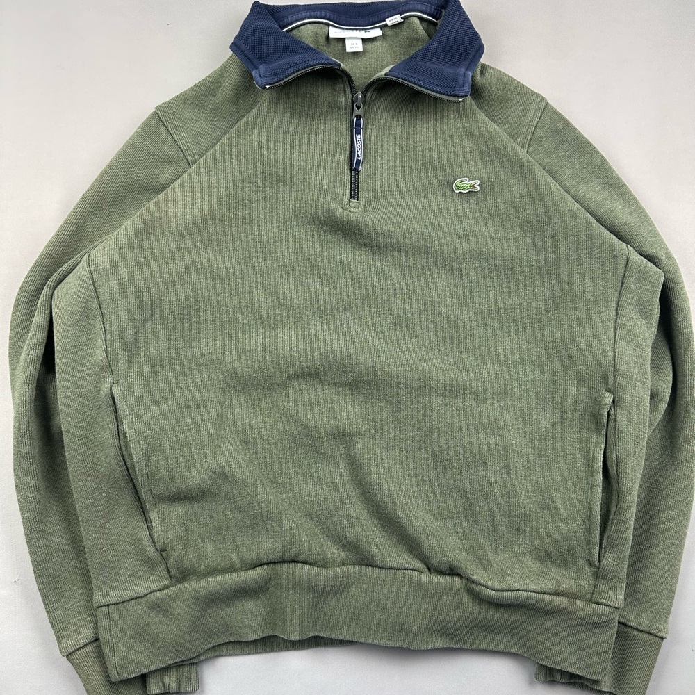 Lacoste Men's Green Zip-Up Sweater with Blue Collar